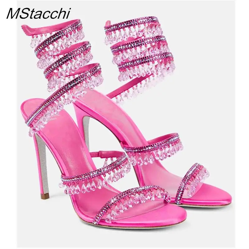 Crystal Wrap Sandals Women Summer 2025 Wedding Shoes High Heel Party Shoes Ankle Strappy Sandals Designer Stiletto Heel Shoes