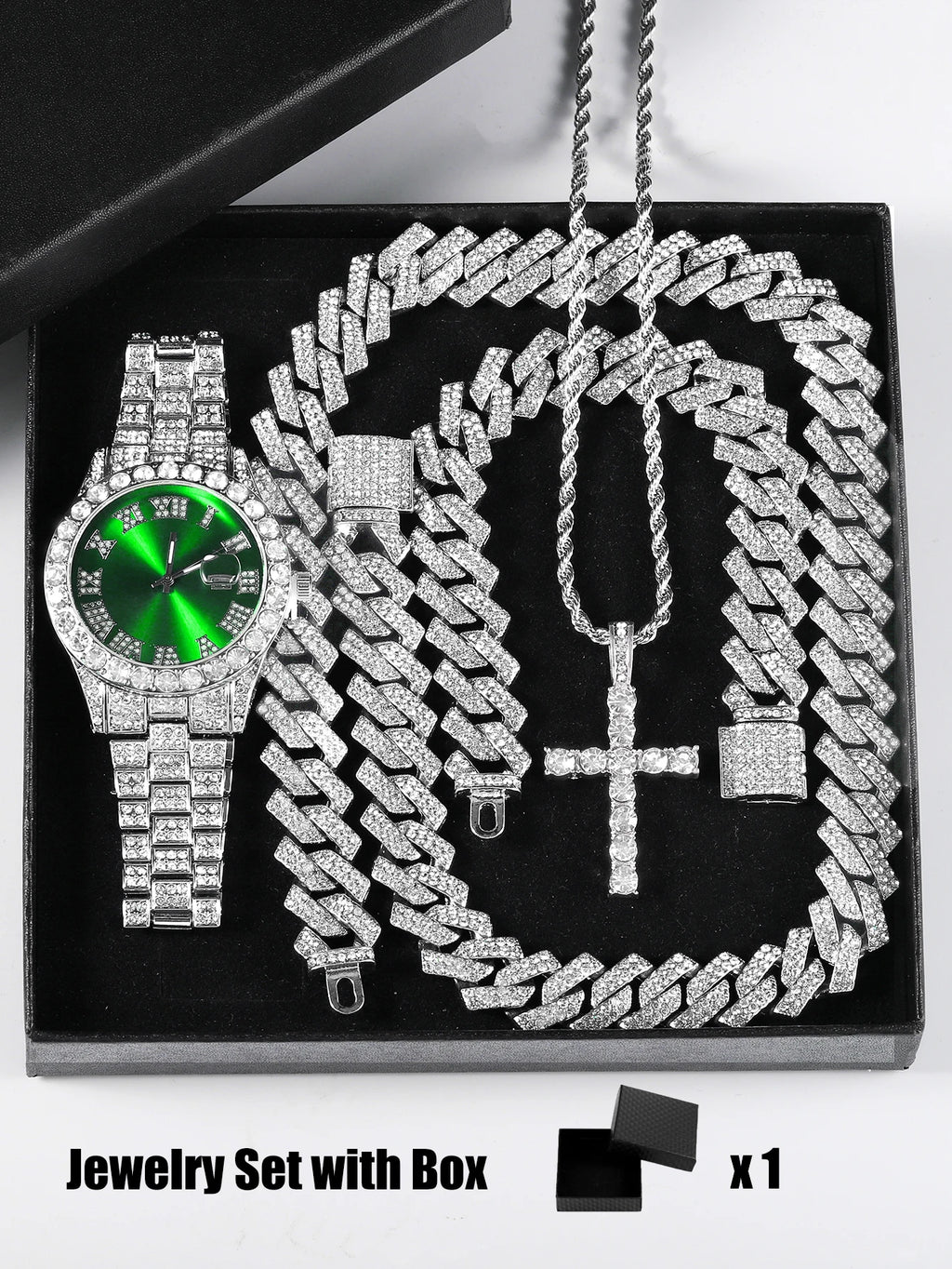 Gift Box Cuban Necklace Bracelet Cross Classic Full Diamond Watch Shining Luxury
