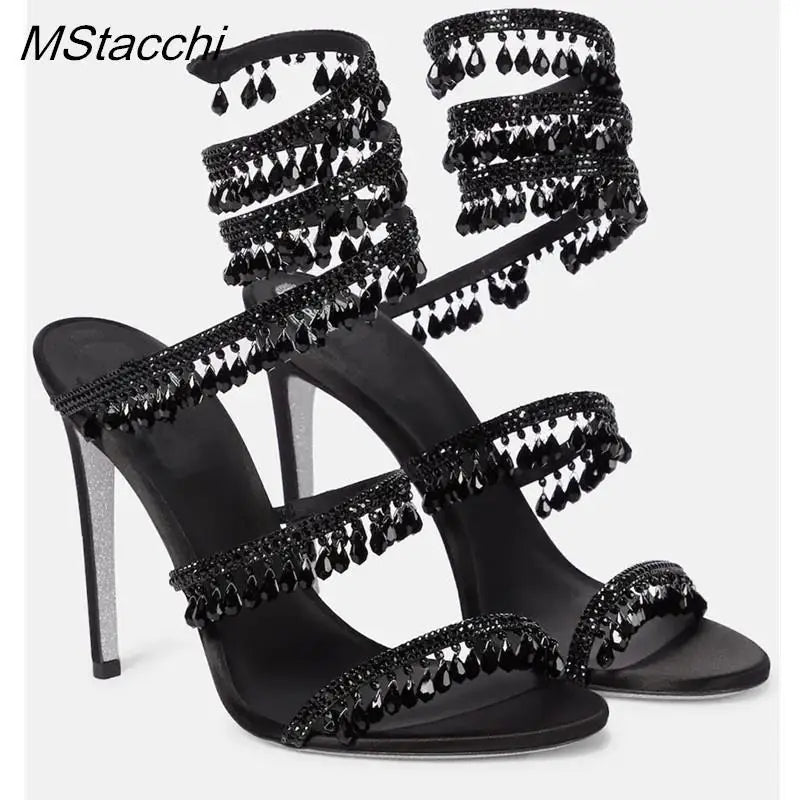 Crystal Wrap Sandals Women Summer 2025 Wedding Shoes High Heel Party Shoes Ankle Strappy Sandals Designer Stiletto Heel Shoes