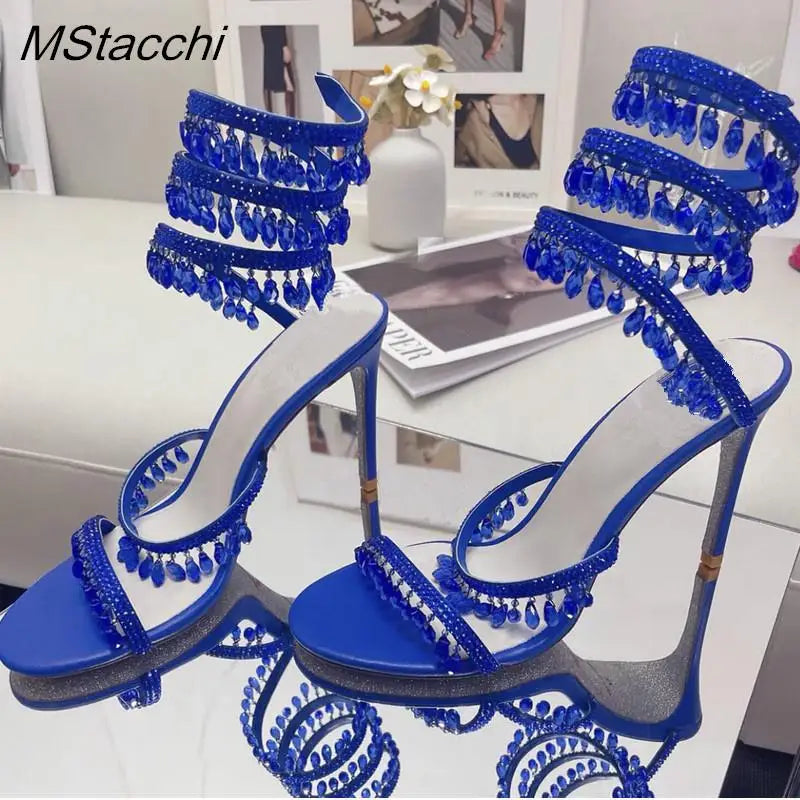 Crystal Wrap Sandals Women Summer 2025 Wedding Shoes High Heel Party Shoes Ankle Strappy Sandals Designer Stiletto Heel Shoes