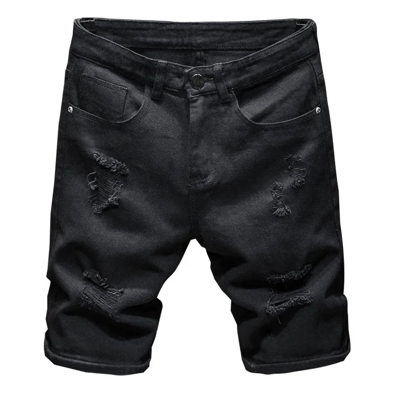 Summer Men's Casual Fashion Straight Denim Shorts Simple Ripped Streetwear