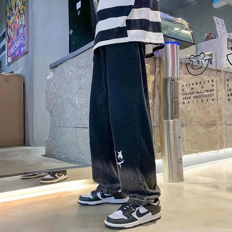 Harajuku Smile Print Baggy Pants Men Streetwear Wide Leg Oversize