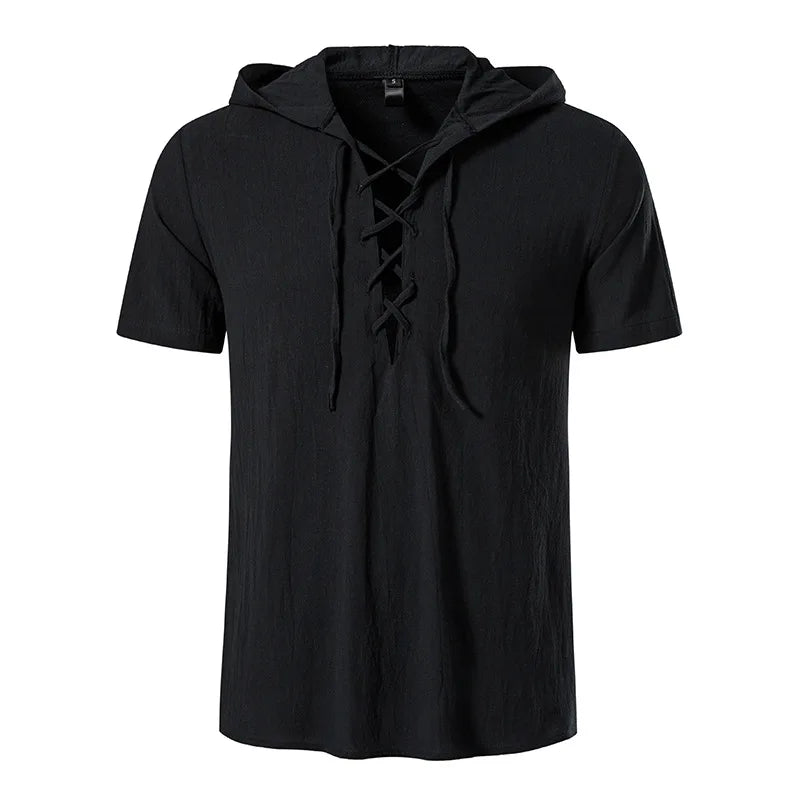 Summer New Men's Cotton Linen Hooded Short Sleeve Shirt Summer Casual