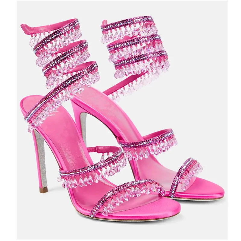 Crystal Wrap Sandals Women Summer 2025 Wedding Shoes High Heel Party Shoes Ankle Strappy Sandals Designer Stiletto Heel Shoes