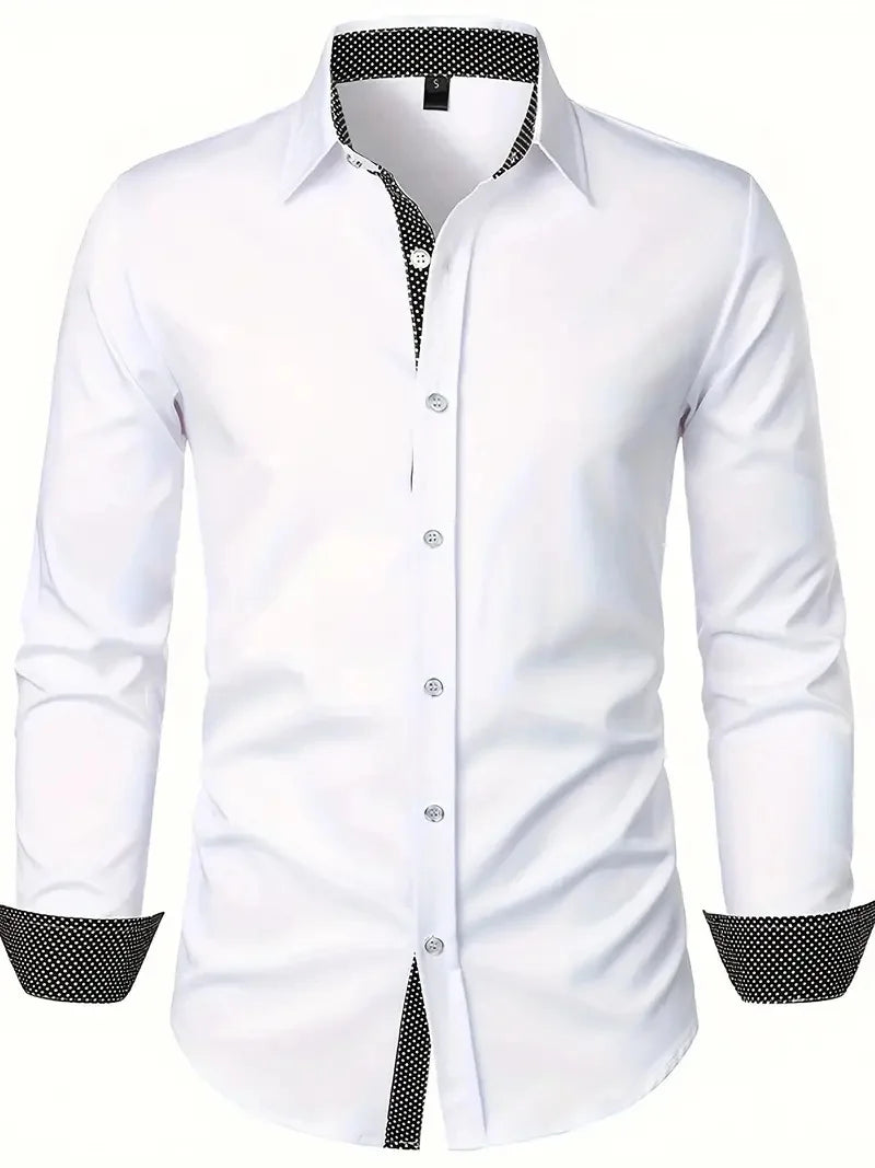 Men's New Polka Shirt, Men's Slim Fit Casual Long Sleeved Lapel Shirt