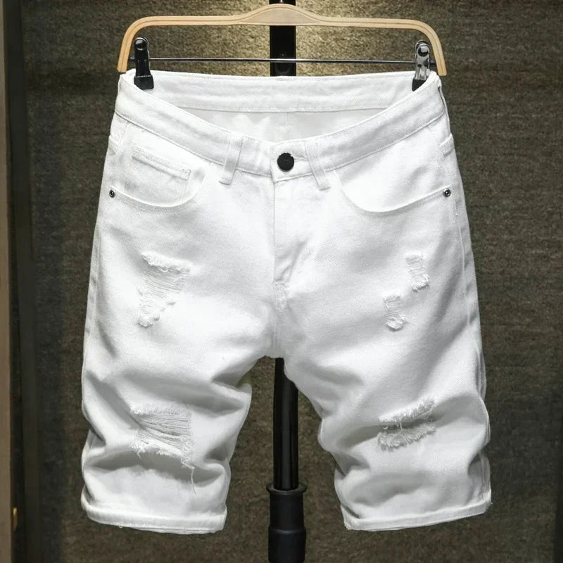 Summer Men's Casual Fashion Straight Denim Shorts Simple Ripped Streetwear