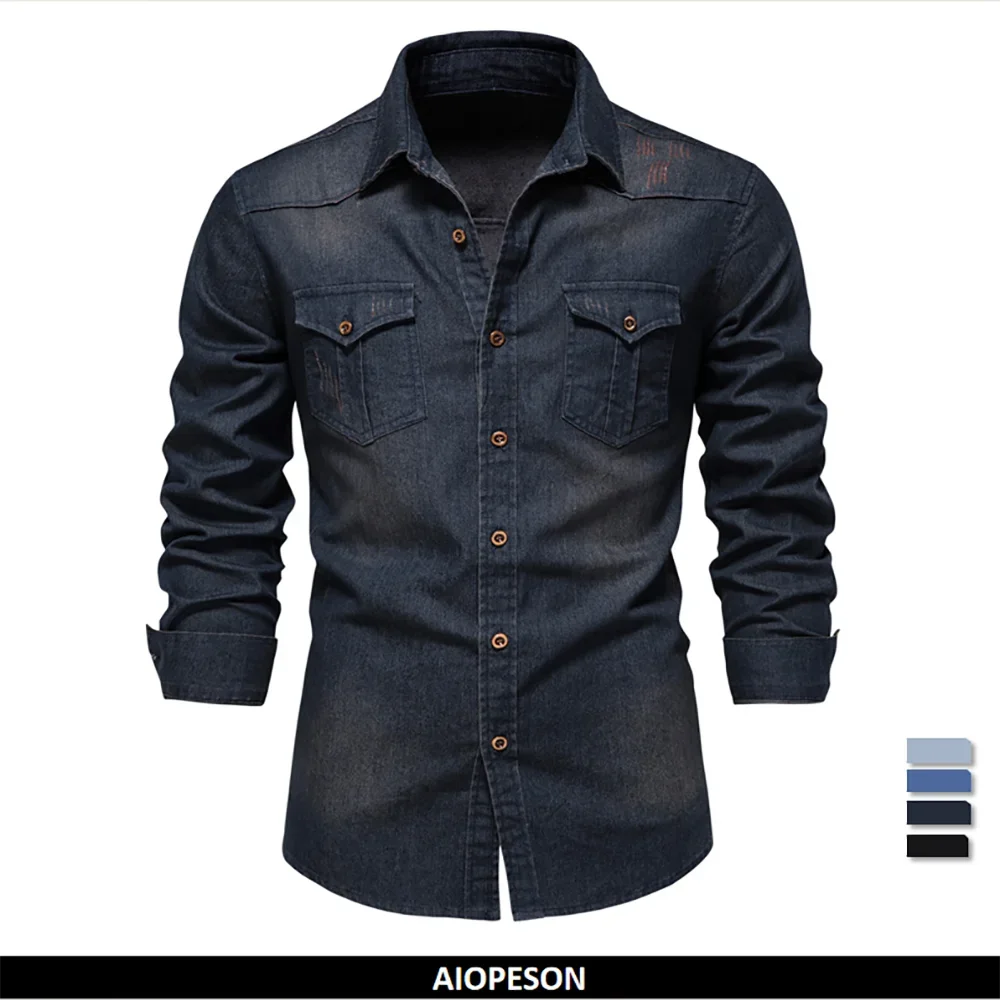 Elastic Cotton Denim Shirt Men Long Sleeve Quality Cowboy Shirts for Men