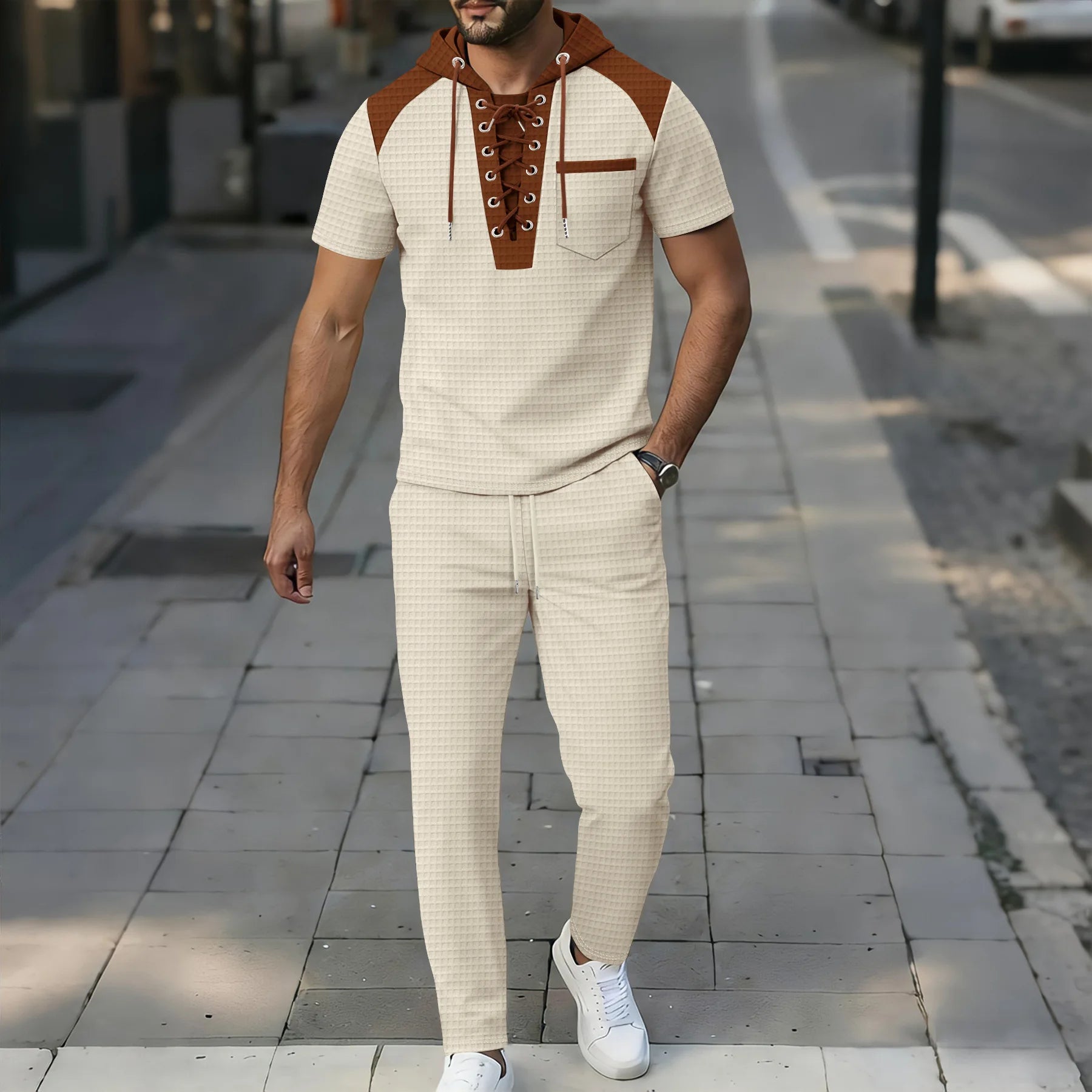 Men's plaid short-sleeved hooded color-block patchwork pullover and belt casual pants set