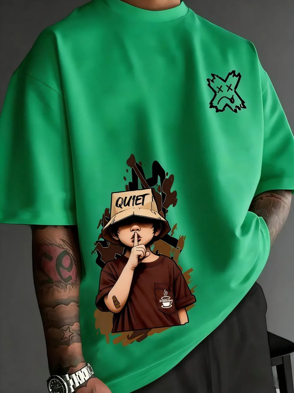 Men's summer cartoon character letter print soft and breathable round neck T-shirt