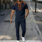 Men's plaid short-sleeved hooded color-block patchwork pullover and belt casual pants set