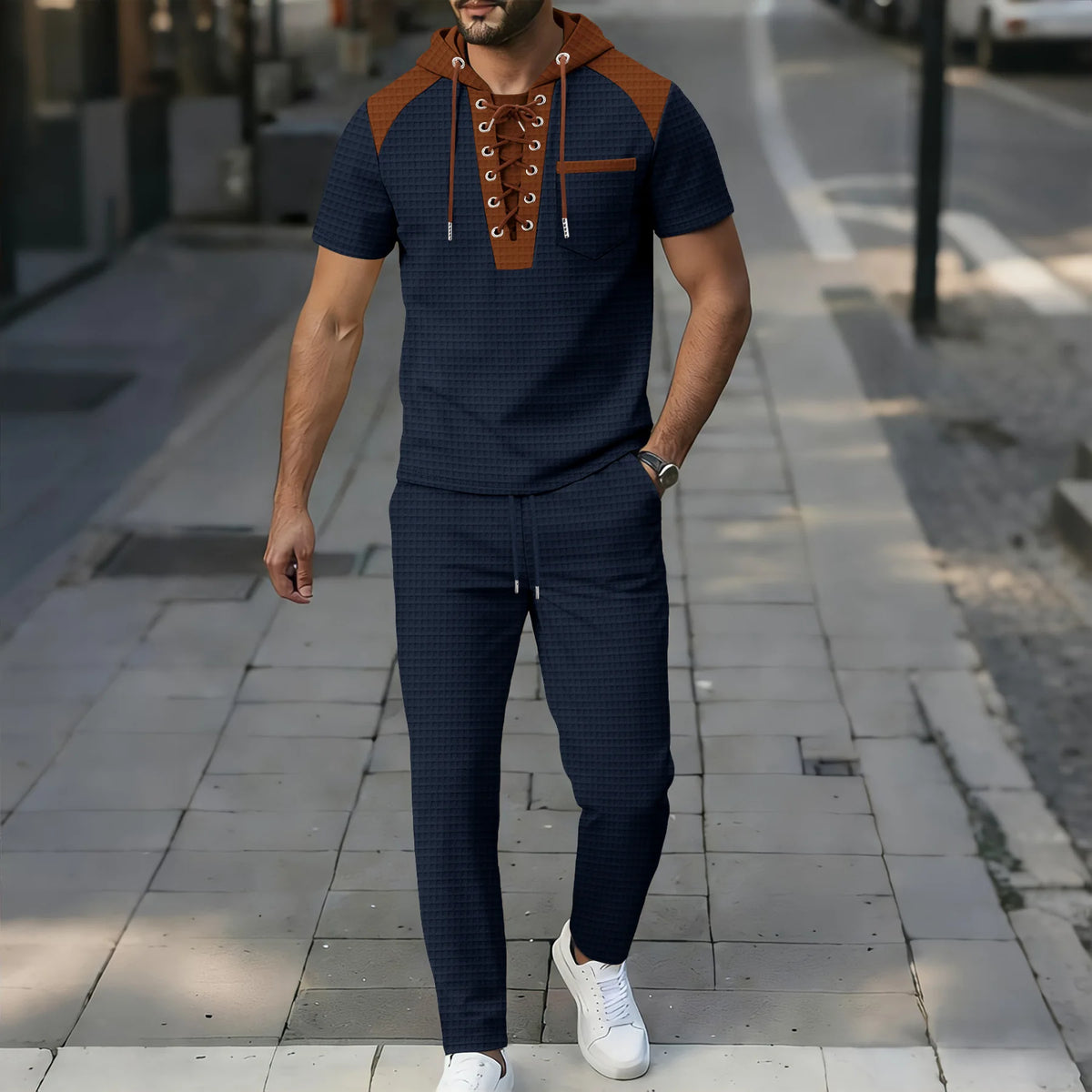 Men's plaid short-sleeved hooded color-block patchwork pullover and belt casual pants set
