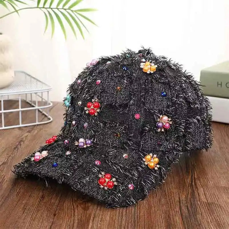 Rhinestone Ripped Plaid Baseball Cap Handmade Tassel Fashion Sun Hat