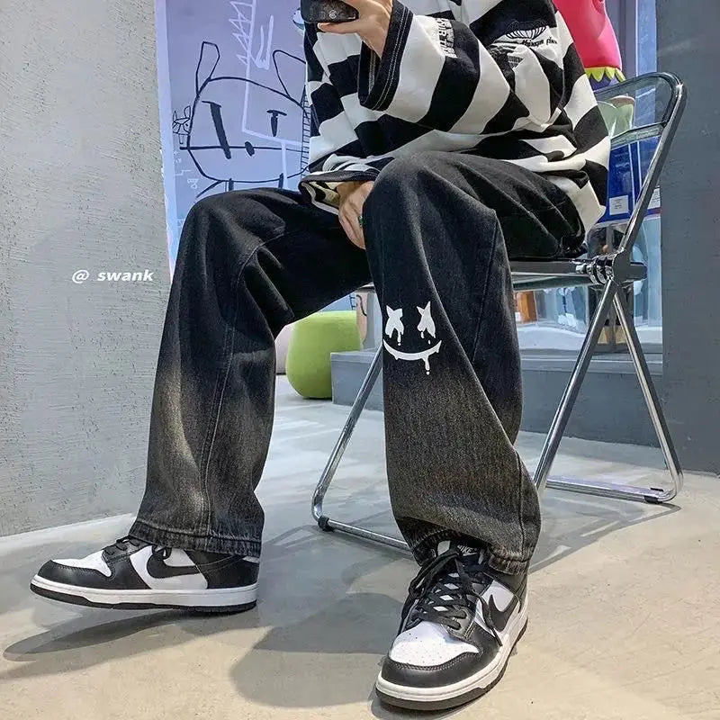 Harajuku Smile Print Baggy Pants Men Streetwear Wide Leg Oversize