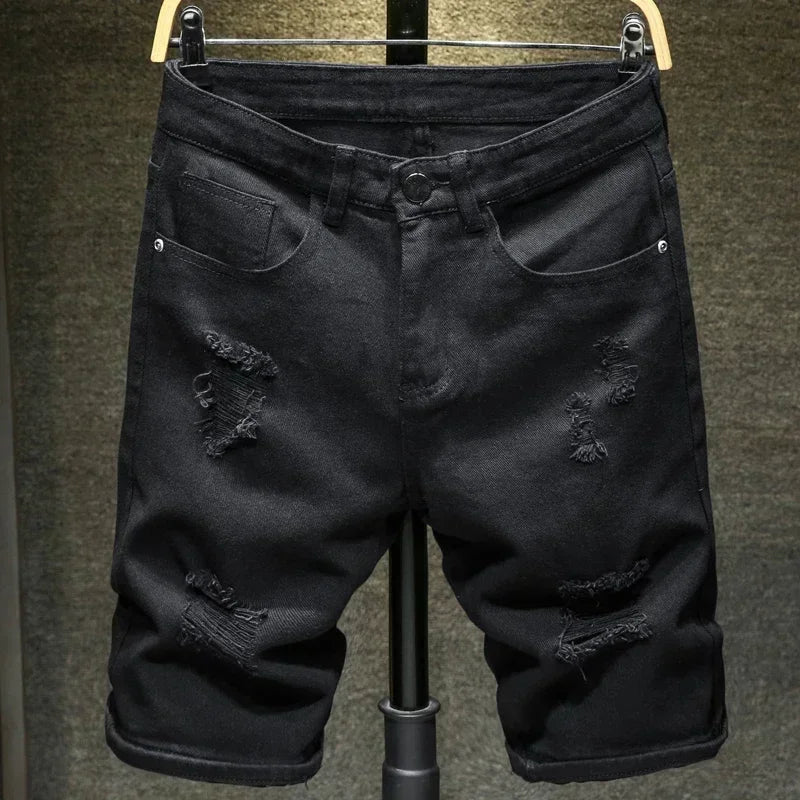 Summer Men's Casual Fashion Straight Denim Shorts Simple Ripped Streetwear