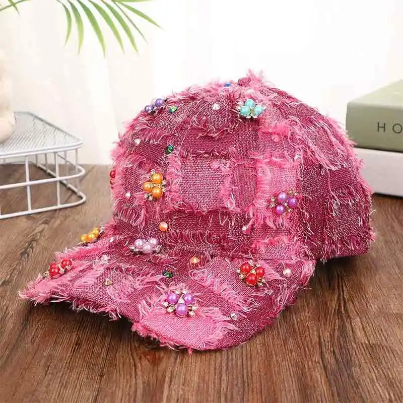 Rhinestone Ripped Plaid Baseball Cap Handmade Tassel Fashion Sun Hat