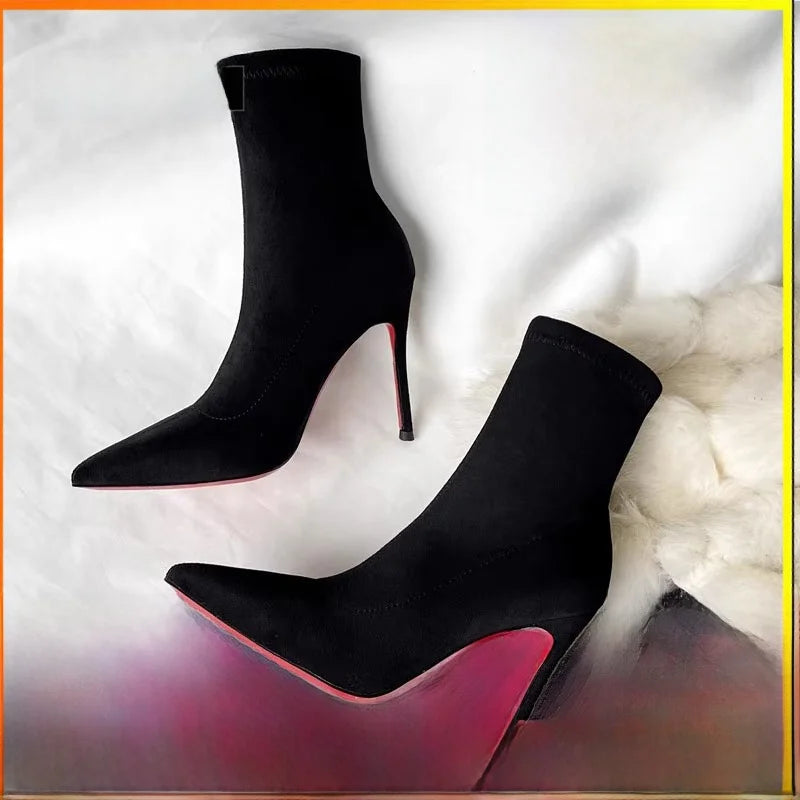 2024 Autumn Winter Pointed Toe Slim Boots High Heel Velvet Surface