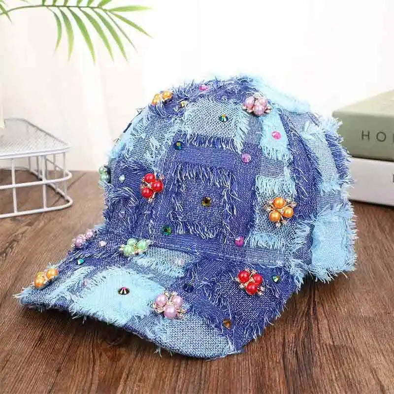Rhinestone Ripped Plaid Baseball Cap Handmade Tassel Fashion Sun Hat