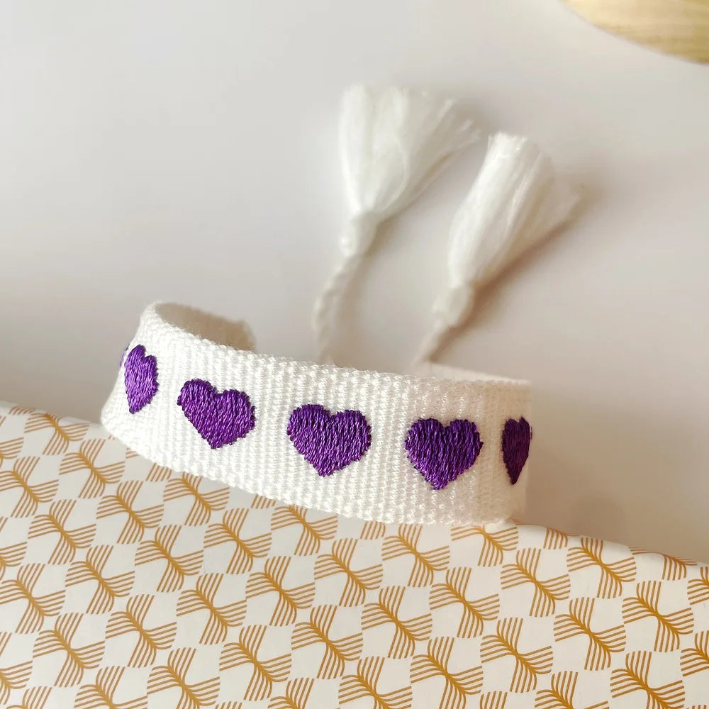 Adjustable Woven Bracelet with Hearts and Lettering