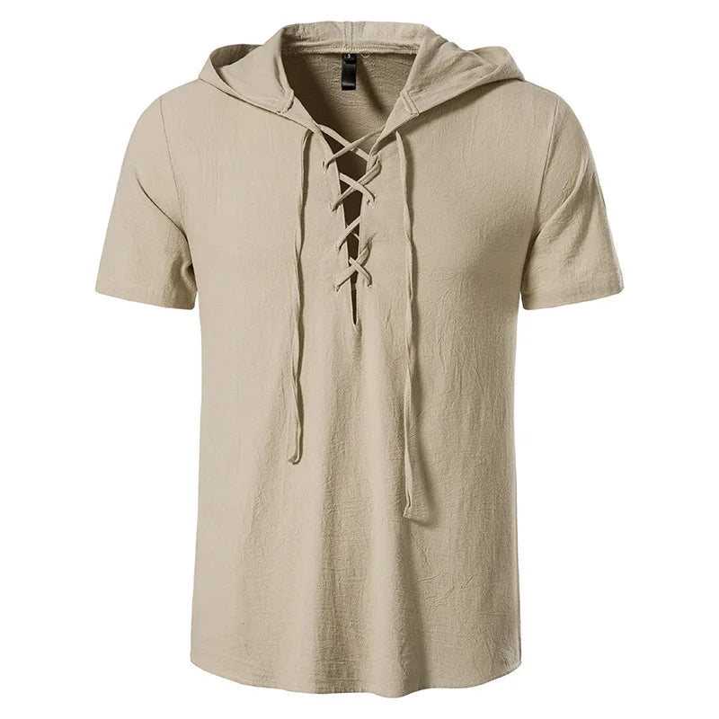 Summer New Men's Cotton Linen Hooded Short Sleeve Shirt Summer Casual