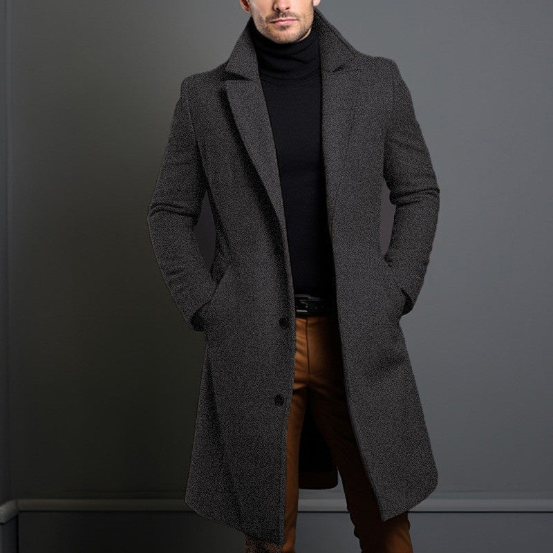 Men's Mid-length Coat Fall Winter Slim Pockets Single-breasted Collar Jacket