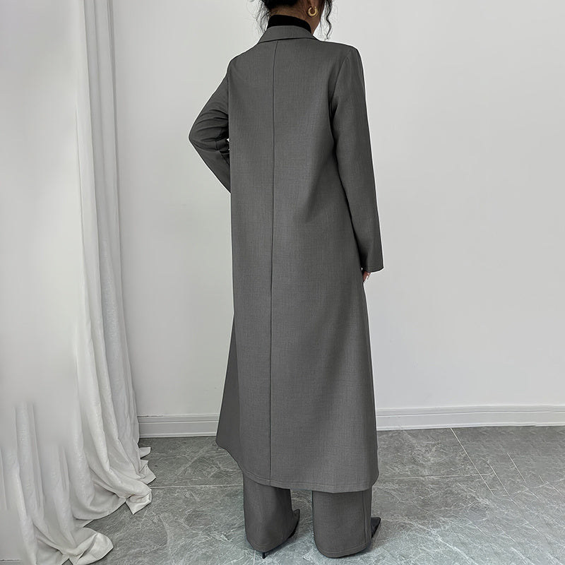 Women's 2 Piece Suit Set, Long Blazer Jacket And Straight Leg Pants,