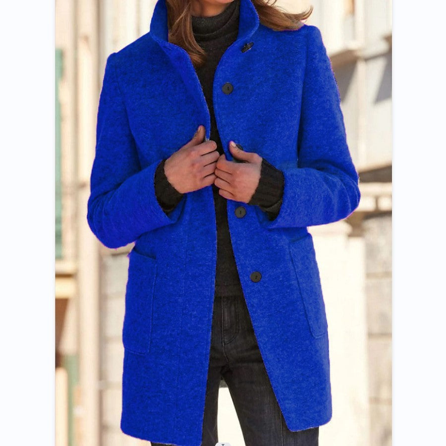 Fashion Stand Collar Woolen Coat With Pockets