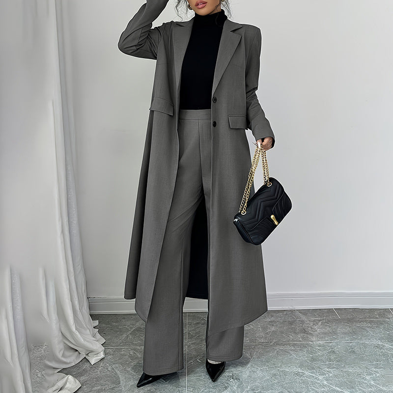 Women's 2 Piece Suit Set, Long Blazer Jacket And Straight Leg Pants,
