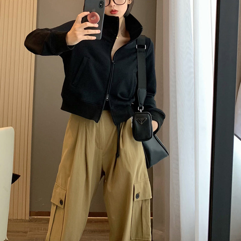 Women American Retro  Short Hoodie Stand Up Collar Jacket