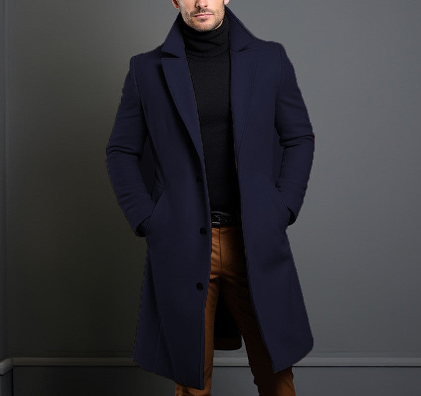 Men's Mid-length Coat Fall Winter Slim Pockets Single-breasted Collar Jacket