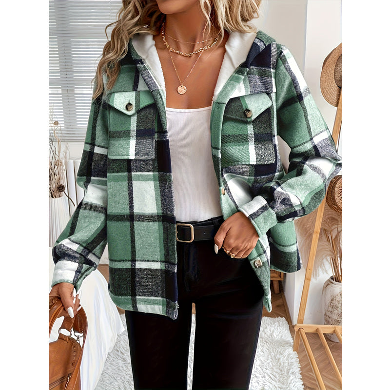 Women's Plaid Fleece Lined Hooded Jacket Button Front Long Sleeve Coat With Pocket For Autumn & Winter