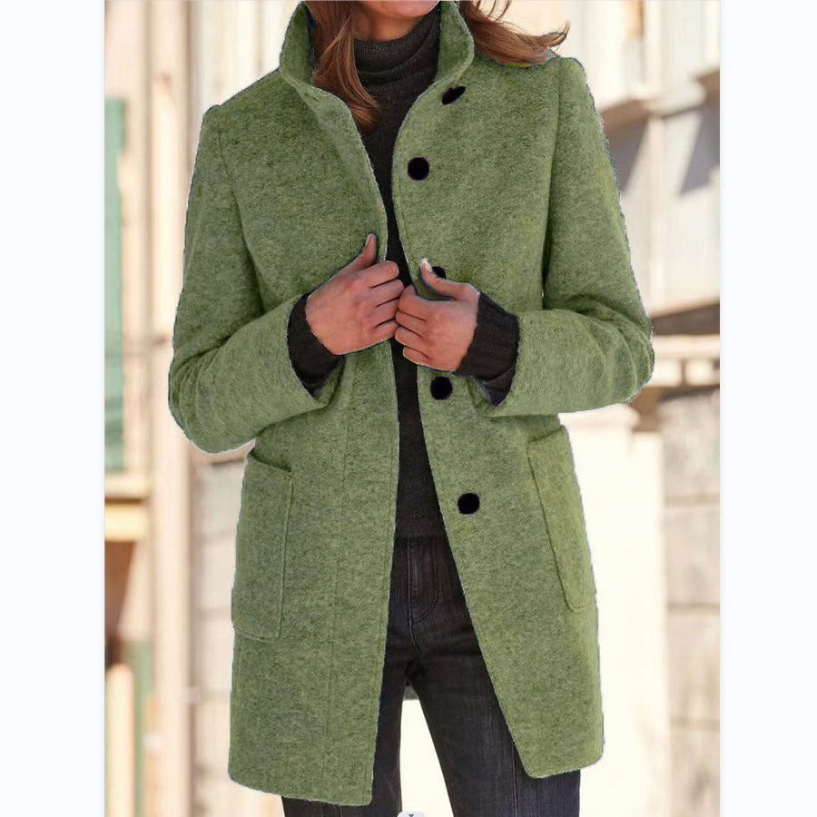 Fashion Stand Collar Woolen Coat With Pockets