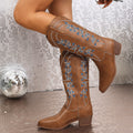 Winter Cowboy Boots Embroidered Pointed Toe Chunky Heel
