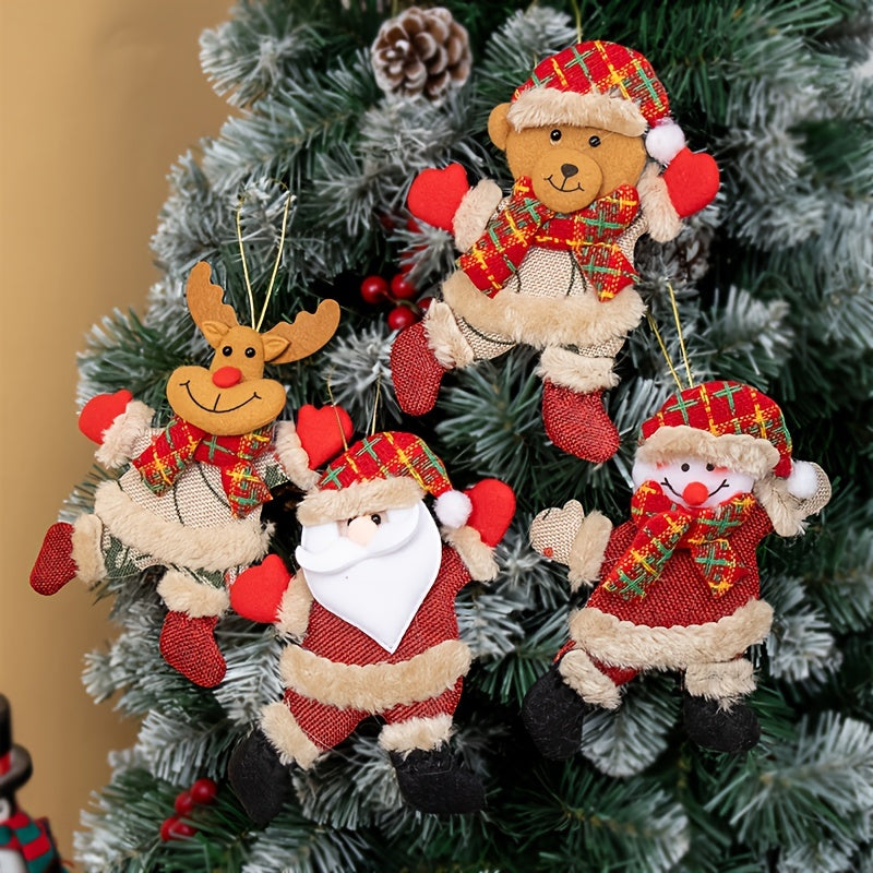 Festive Christmas Tree Ornaments - Santa, Snowman, Reindeer & Bear Figures With Red & White Scarves, Golden Balls & Red Bows -