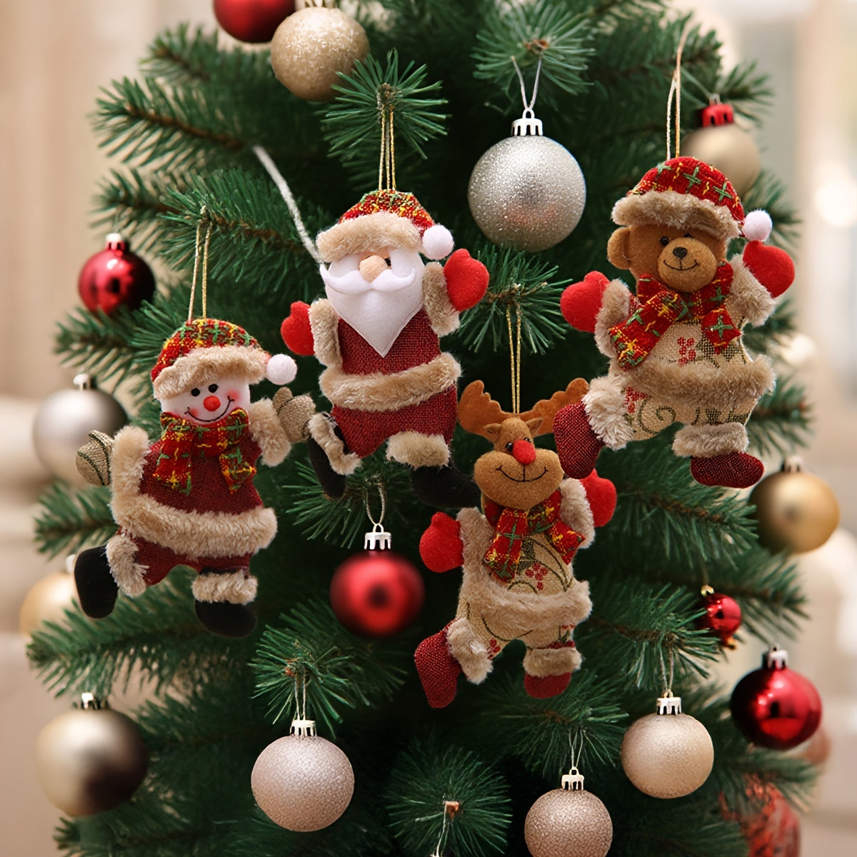 Festive Christmas Tree Ornaments - Santa, Snowman, Reindeer & Bear Figures With Red & White Scarves, Golden Balls & Red Bows -