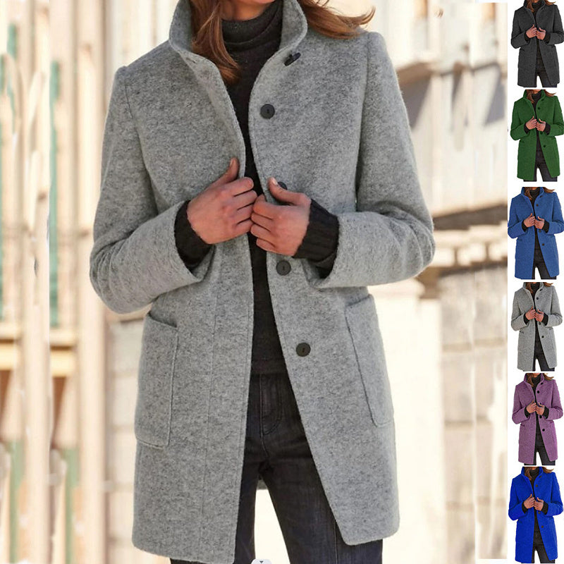 Fashion Stand Collar Woolen Coat With Pockets
